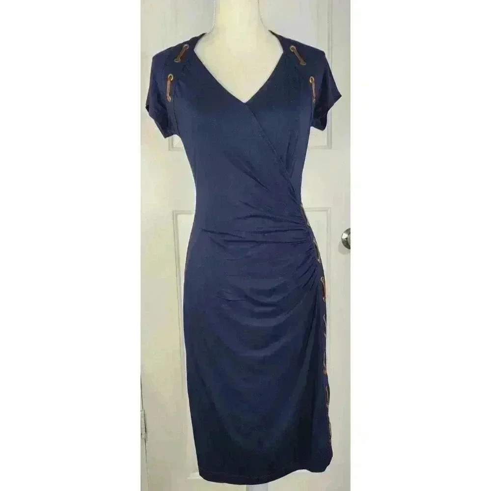 Carmen Marc Valvo Navy‎ Blue Grommet Faux Leather Trim Wrap Sheath Dress Small